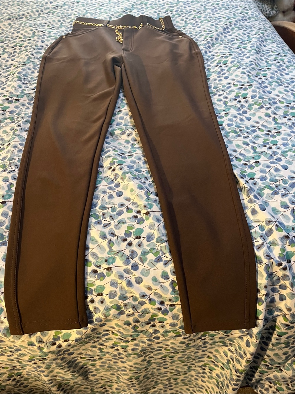 Brown Women's Slim Jogger Pants with Gold Chain Accent